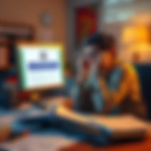 A worried taxpayer sitting at a desk surrounded by tax documents, looking at a computer screen with a delayed 1099-DA form notification