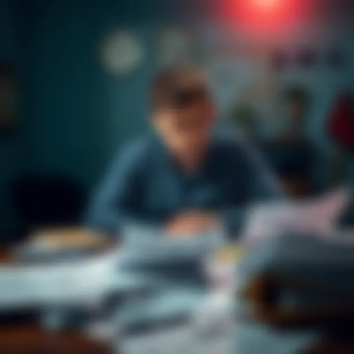 Taxpayer Feeling Frustrated A frustrated person sitting at a table surrounded by tax forms and bills, looking confused about tax obligations.