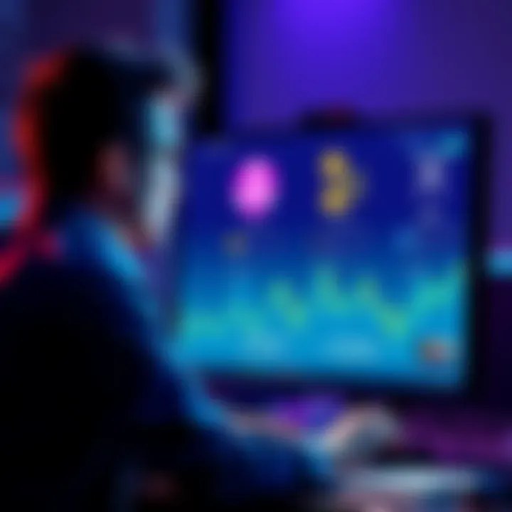 A teacher looking at a computer screen with cryptocurrency options like Pepe and XRP displayed, pondering a $5000 investment.