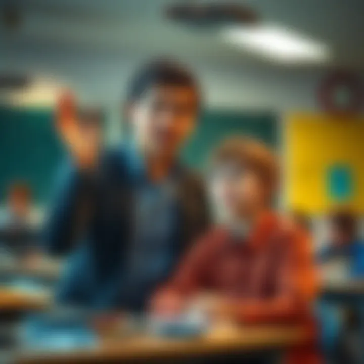 Teacher and student in a classroom A teacher looks surprised as a student confidently answers a question, highlighting a moment of realization and pride for the student.