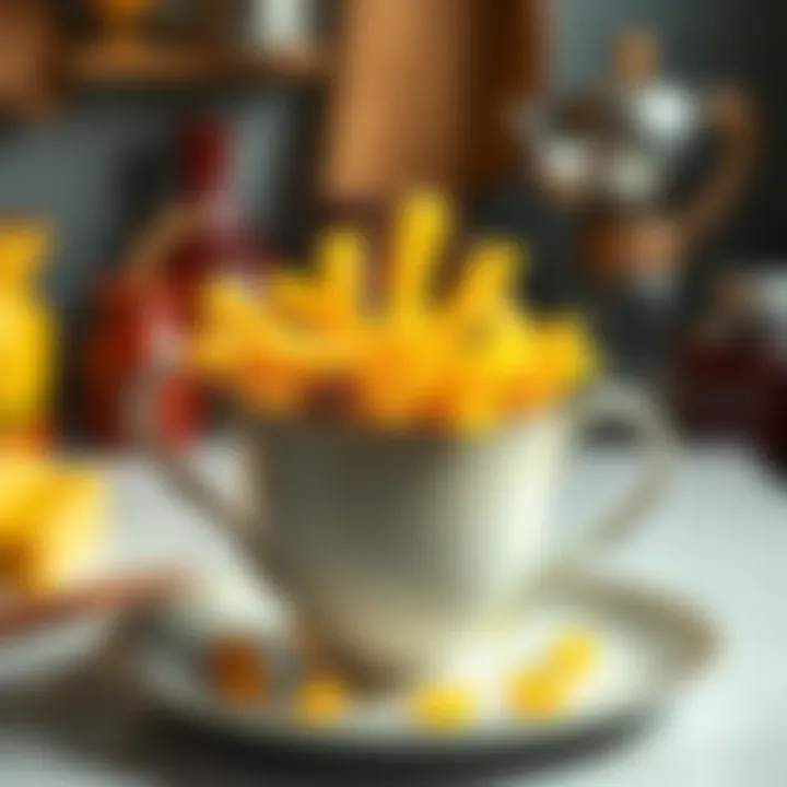 A teacup filled with pasta, showing a surprising blend of kitchen items, contrasting traditional tea and food items.