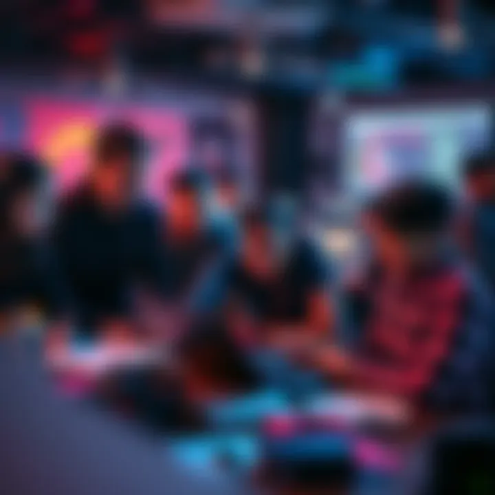 A diverse group of people brainstorming and collaborating at a hackathon event, surrounded by laptops and coding materials.