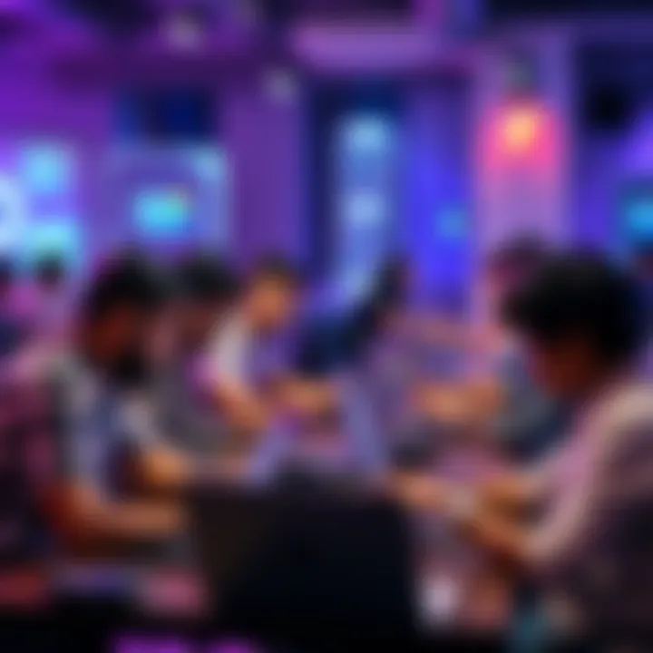 A diverse group of people working together on laptops at a hackathon, brainstorming ideas and coding.