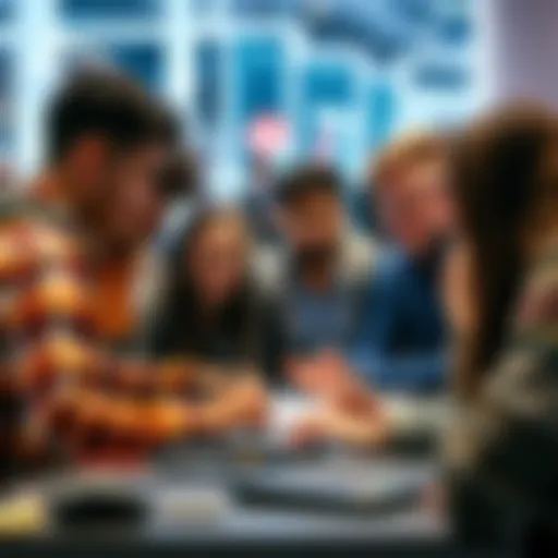 A group of diverse young people collaborating on technology projects at a hackathon, brainstorming ideas together