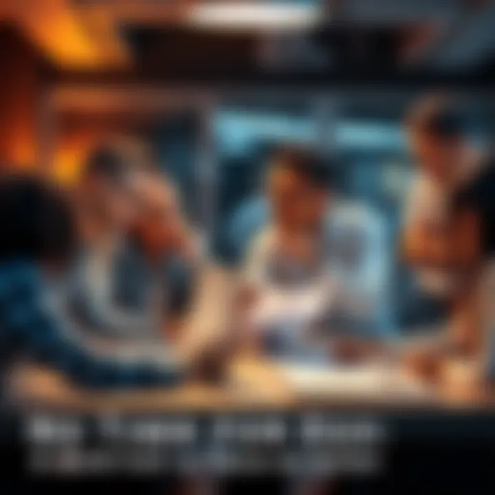 A diverse group of people collaborating on a project, focused and engaged in discussion, with documents and laptops on a table.