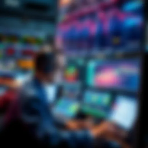 A trader analyzing market data on multiple screens while using technology to make decisions