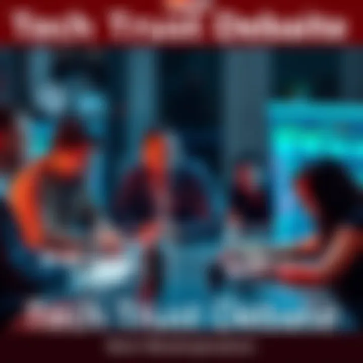 A group of people discussing technology and code changes around a table, showing concern and curiosity on their faces.