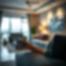 Technology in Everyday Life A person using a smartphone in a modern living room, showcasing technology's role in daily activities.