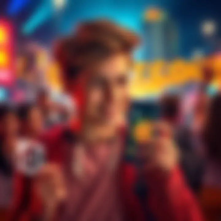 Teen Celebrating Bitcoin Purchase A happy teenager holding a smartphone with Bitcoin graphics on the screen, celebrating their first investment in cryptocurrency, surrounded by a lively atmosphere.