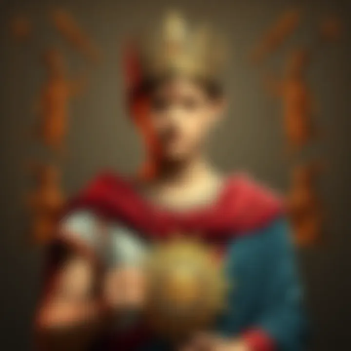 Teen Emperor Elagabalus A young emperor in Roman attire, holding a sun emblem, surrounded by symbols of traditional Roman gods, demonstrating gender nonconformity.