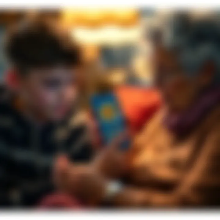 A teenage boy shows his grandmother a smartphone with Bitcoin graphics on the screen, as she looks intrigued yet unsure.