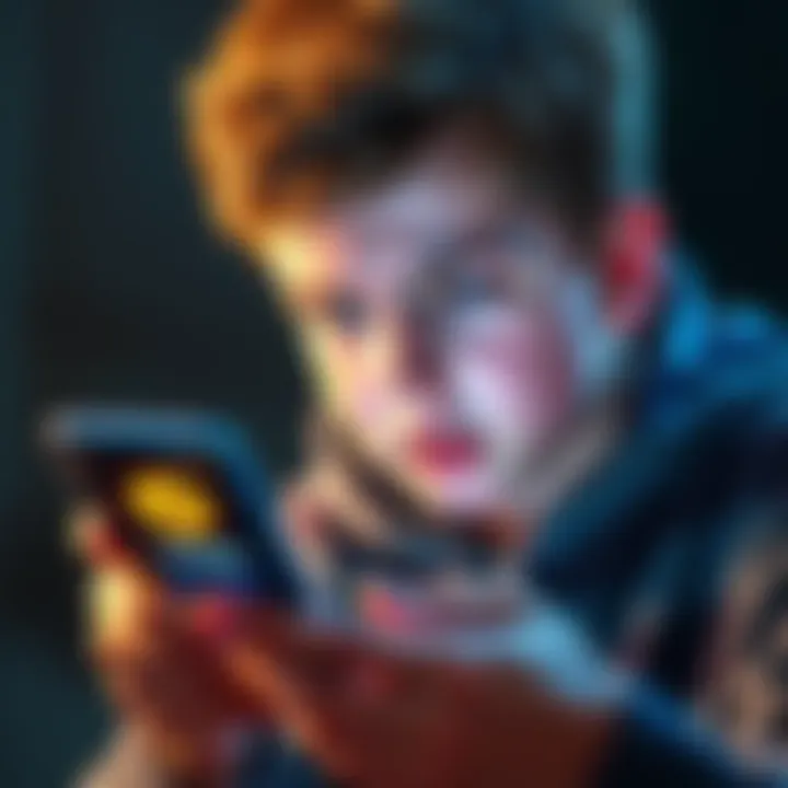 A worried 14-year-old boy looking at a smartphone with a graphics display of falling cryptocurrency values.