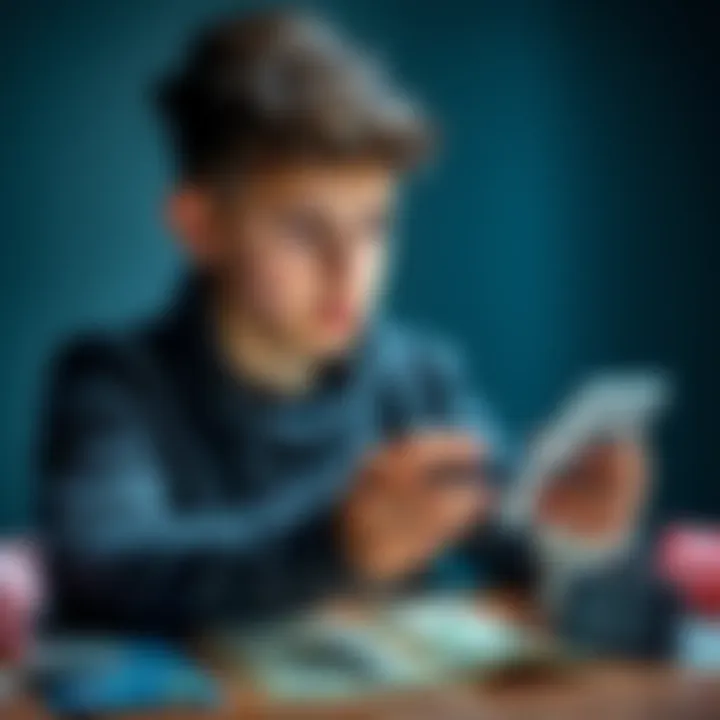 A teenage boy looking at a banking app on his phone, with a focus on financial independence, surrounded by money-related items like a piggy bank and credit card.