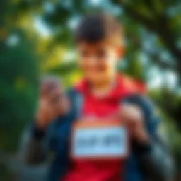 A 15-year-old boy smiles while looking at a Bitcoin wallet on his phone, holding a sign that says 0.01 BTC. He is outdoors with trees in the background.
