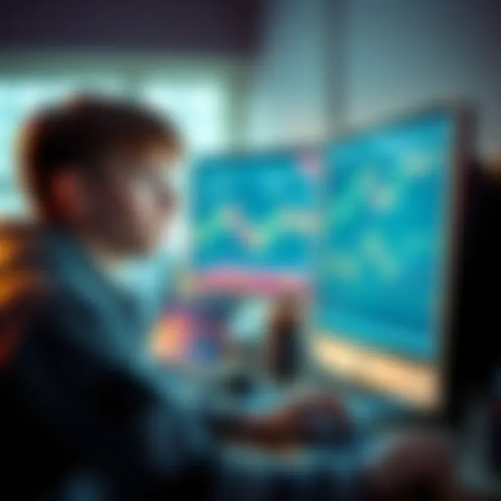 A 16-year-old boy looking thoughtfully at a computer screen displaying Bitcoin charts, pondering borrowing money from his father.