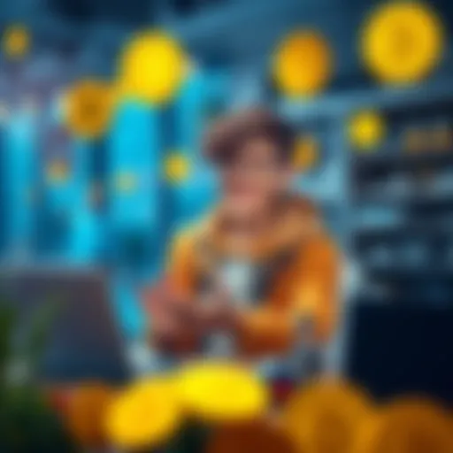 A teenager setting up an online shop with Bitcoin symbols around, showing excitement and determination