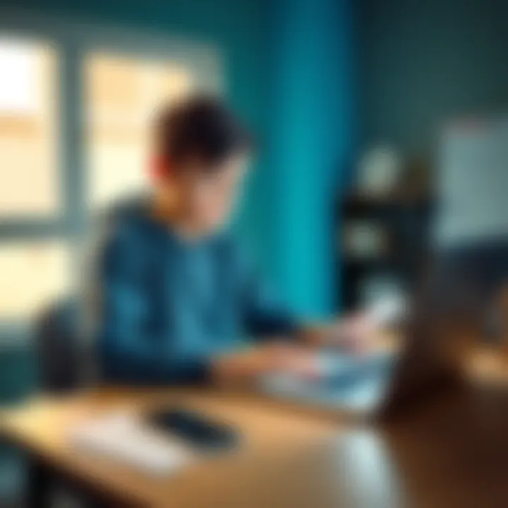 A 15-year-old boy sitting at a desk with a laptop, looking focused as he explores options to buy SOL cryptocurrency. A smartphone and some papers are also on the desk.