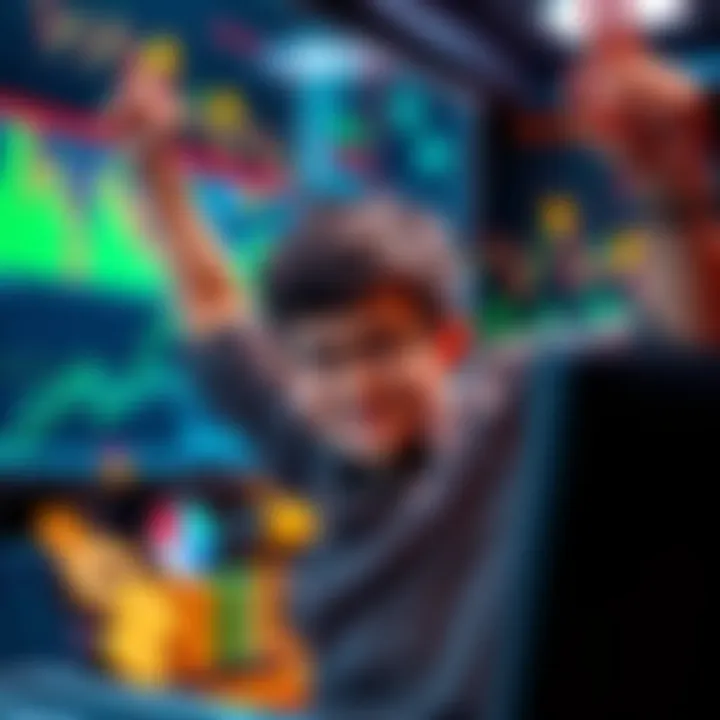 Teen trader celebrating financial success A 16-year-old boy celebrating with a happy expression, surrounded by charts and memecoins on a screen, symbolizing his trading success