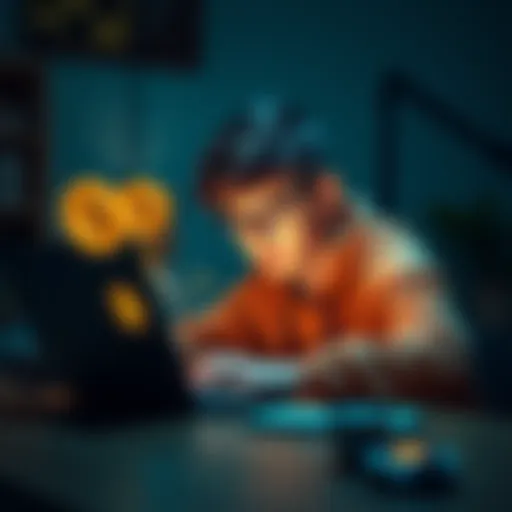 A teenager sitting at a desk, browsing a laptop with Bitcoin symbols on the screen, looking focused on buying cryptocurrency without ID