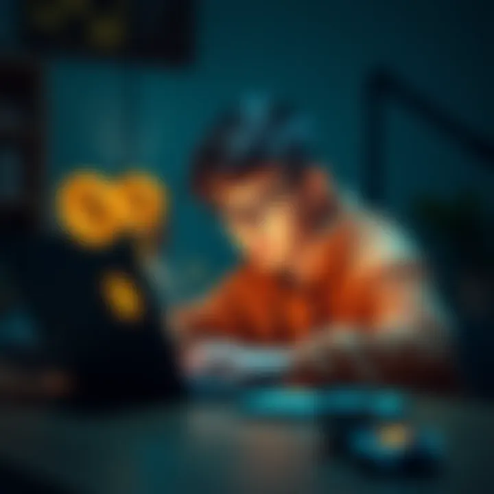 A teenager sitting at a desk, browsing a laptop with Bitcoin symbols on the screen, looking focused on buying cryptocurrency without ID