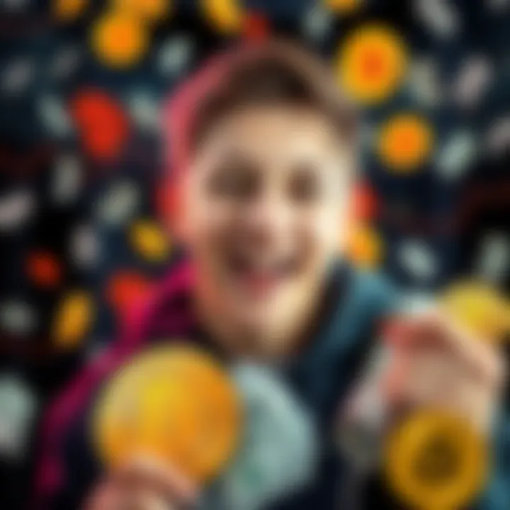 A teenager smiles joyfully while surrounded by cryptocurrency symbols and money, symbolizing his financial success through Bitcoin.