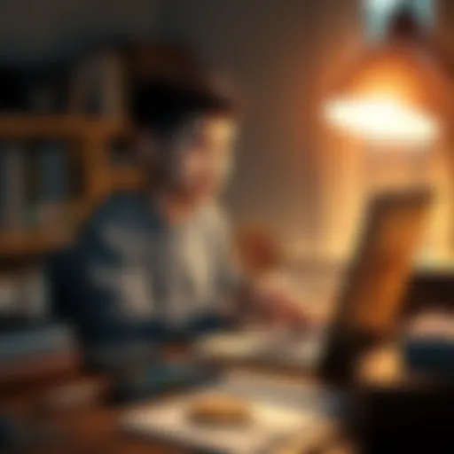 A 17-year-old sitting at a desk with a laptop, showing a Bitcoin graphic on the screen and surrounded by books about finance and economics.