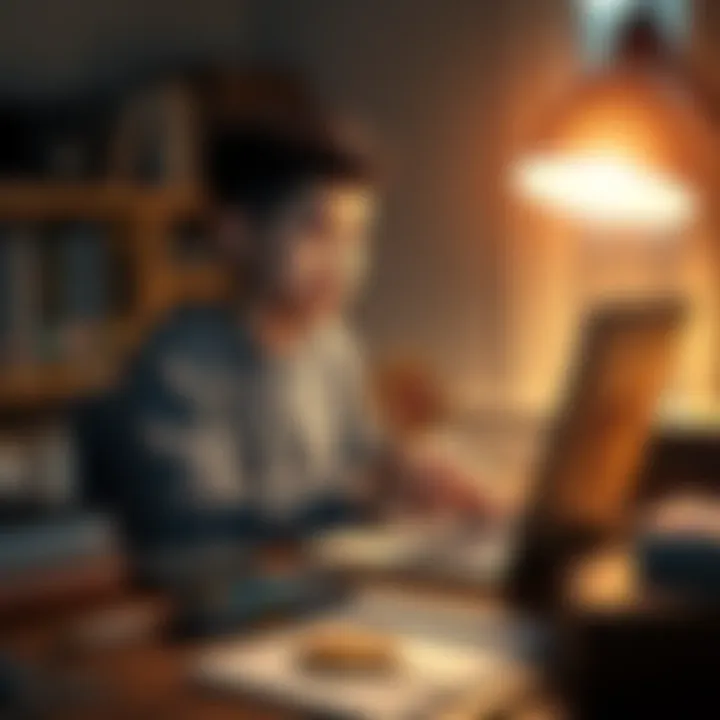 A 17-year-old sitting at a desk with a laptop, showing a Bitcoin graphic on the screen and surrounded by books about finance and economics.