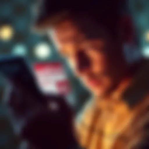 A person looking at a smartphone with a worried expression, showing a Telegram channel with scam alerts on the screen