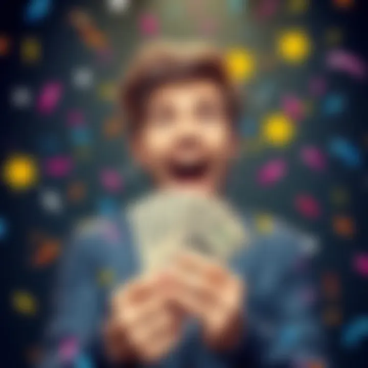 A person excitedly holding ten dollars with a joyful expression, surrounded by celebratory graphics like stars and confetti.
