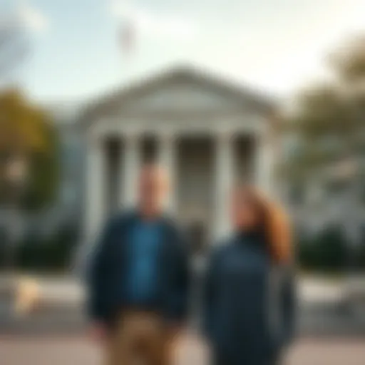 A Tennessee couple standing in front of a courthouse, looking concerned as they face penalties for a cryptocurrency scheme