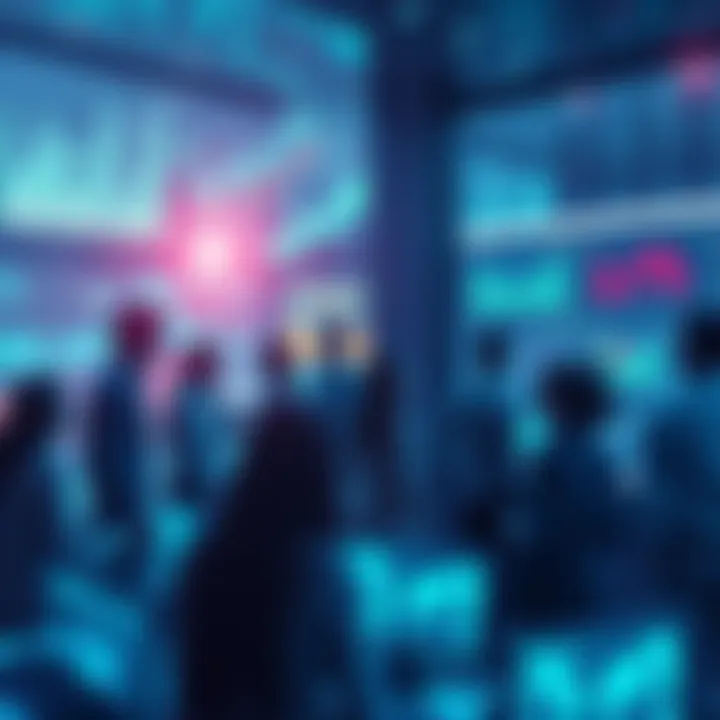 A vibrant digital scene showing people discussing trends and updates on the Testnet, with screens displaying data and charts.