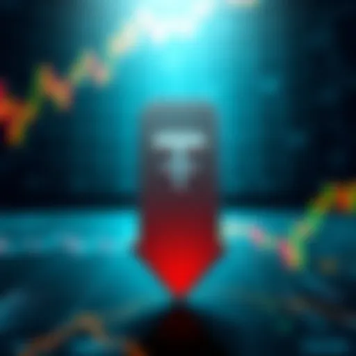 A visual representation of Tether's stablecoin rating being downgraded by S&P, featuring a downward arrow and financial charts.