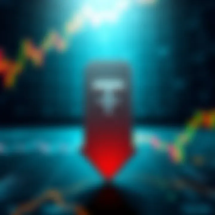 A visual representation of Tether's stablecoin rating being downgraded by S&P, featuring a downward arrow and financial charts.