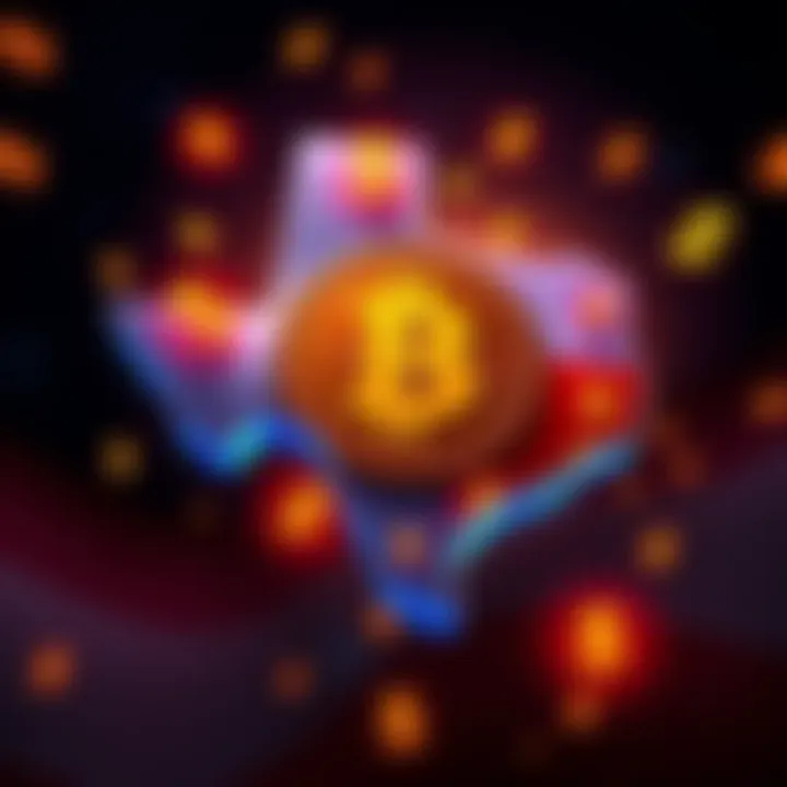 Illustration of Texas state outline with Bitcoin symbol and dollar signs, representing a potential investment in Bitcoin from the treasury fund.
