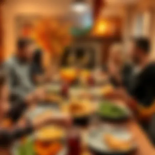 A group of friends enjoying a unique Thanksgiving dinner with diverse foods and decorations, engaged in festive activities.