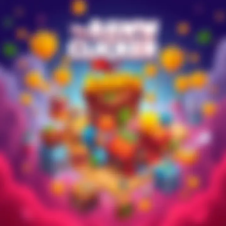 Colorful artwork of The RAWW Clicker featuring customizable buildings and commodities surrounded by achievements icons.