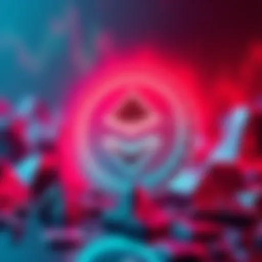 A digital representation of the Theta cryptocurrency logo against a backdrop of dwindling market sentiment, showing a downward trend in adoption talks.