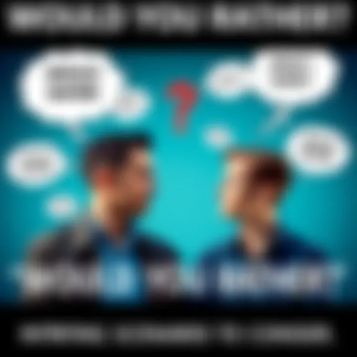Two people in conversation, contemplating various 'Would You Rather' scenarios with thought bubbles above their heads