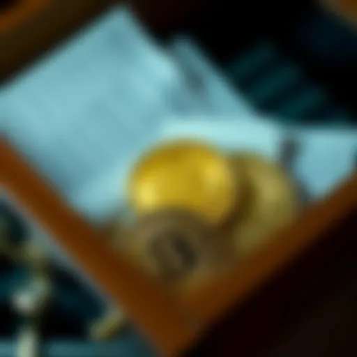 A close-up of three Bitcoin coins resting in an open drawer, with some papers visible around them