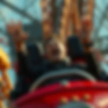A person with a thrilled expression enjoying a roller coaster ride, hands raised in the air.