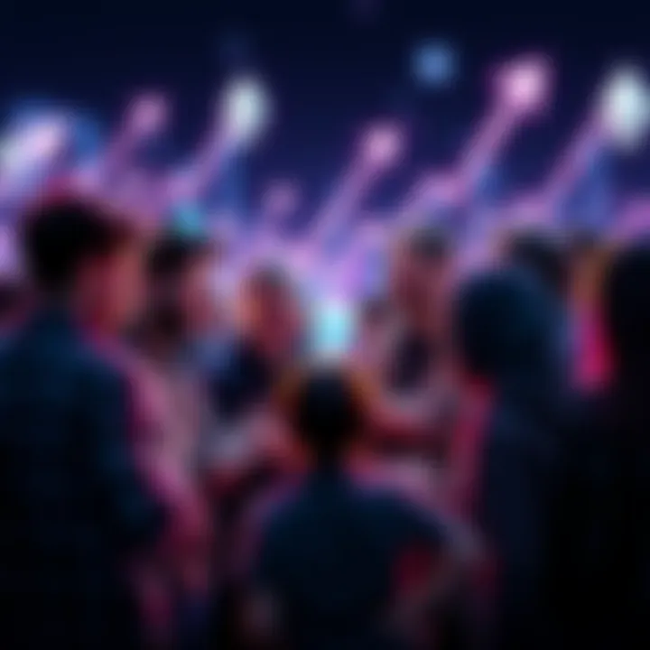 A group of average TikTok users discussing Ethereum trends with excitement, surrounded by digital graphics of Ethereum symbols and arrows indicating growth.