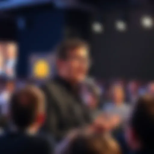 Billionaire investor Tim Draper speaking at a conference, sharing his Bitcoin price forecast, with audience engaged