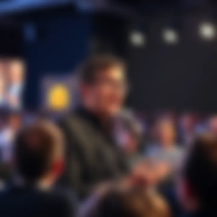 Billionaire investor Tim Draper speaking at a conference, sharing his Bitcoin price forecast, with audience engaged