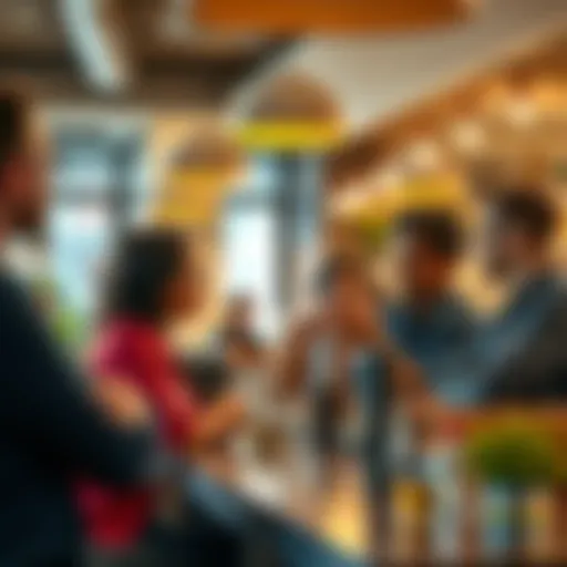 A diverse group of people discussing a popular topic in a bright café setting, showcasing their engagement and interest.