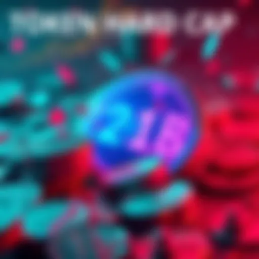 Token Hard Cap Concept Visual representation of the 2.1 billion token hard cap, showing tokens with a limit sign and money symbols, illustrating the impact on cryptocurrency trust and developer options.