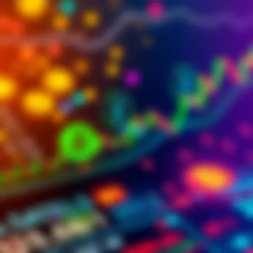 A graphic showing tokenized stocks with digital currency symbols and stock market charts representing financial innovation.