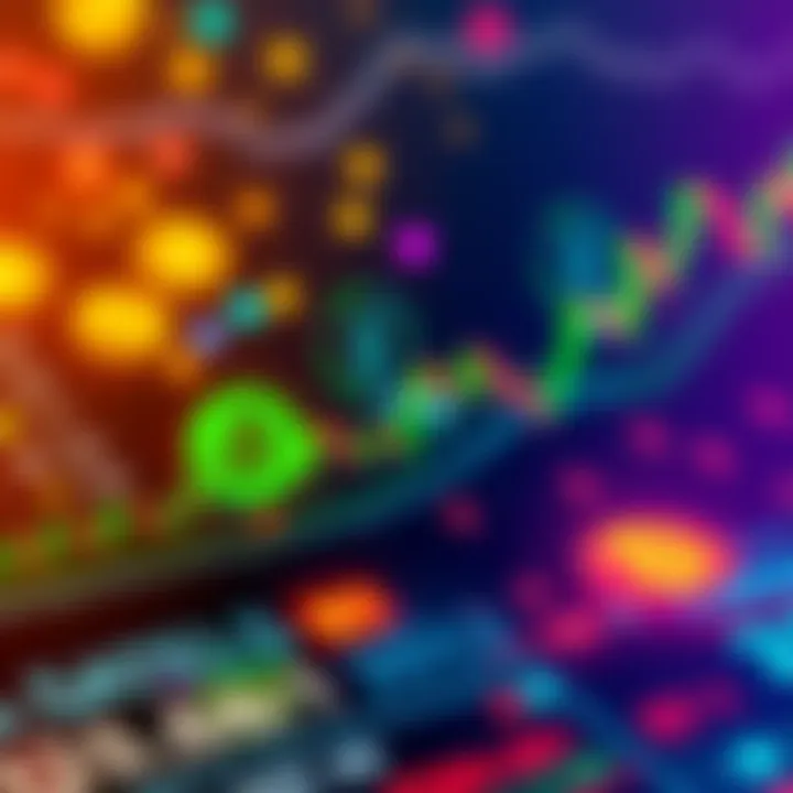 A graphic showing tokenized stocks with digital currency symbols and stock market charts representing financial innovation.