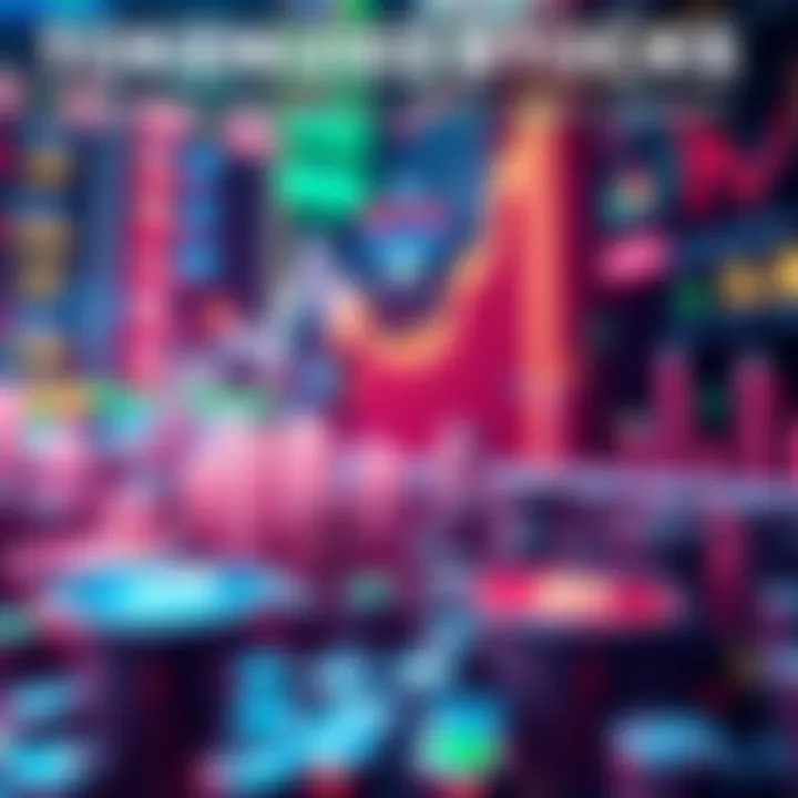 A digital representation of tokenized stocks featuring stock market symbols and cryptocurrency icons showing growth and change.