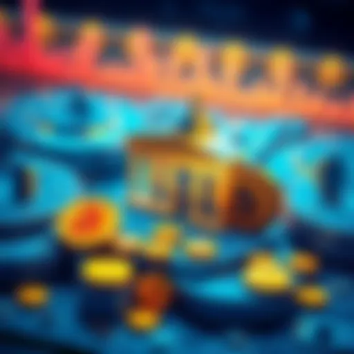 Illustration showing tokenized treasuries with digital currency symbols, representing HBAR in a modern financial setting.