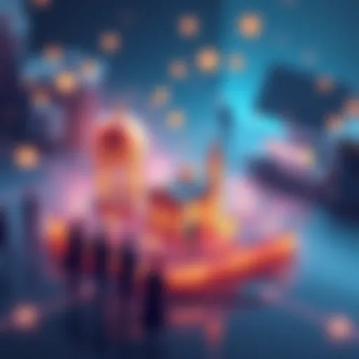 A visual representation of tokenizing real-world assets through smart contracts, featuring digital tokens and real estate icons, with people discussing the technology.
